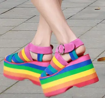 

BONJEAN Summer Flat Platform Sandals Woman Sexy Open Toe Rainbow Leather Ankle Strap Shoes Rome Style Casual Sandals