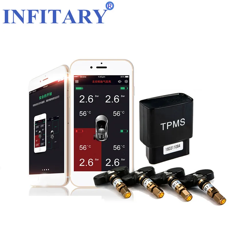 

TPMS Bluetooth 4.0 APP Tire Pressure Monitoring System with 4 internal sensors OBD Interface support For android iphone phone