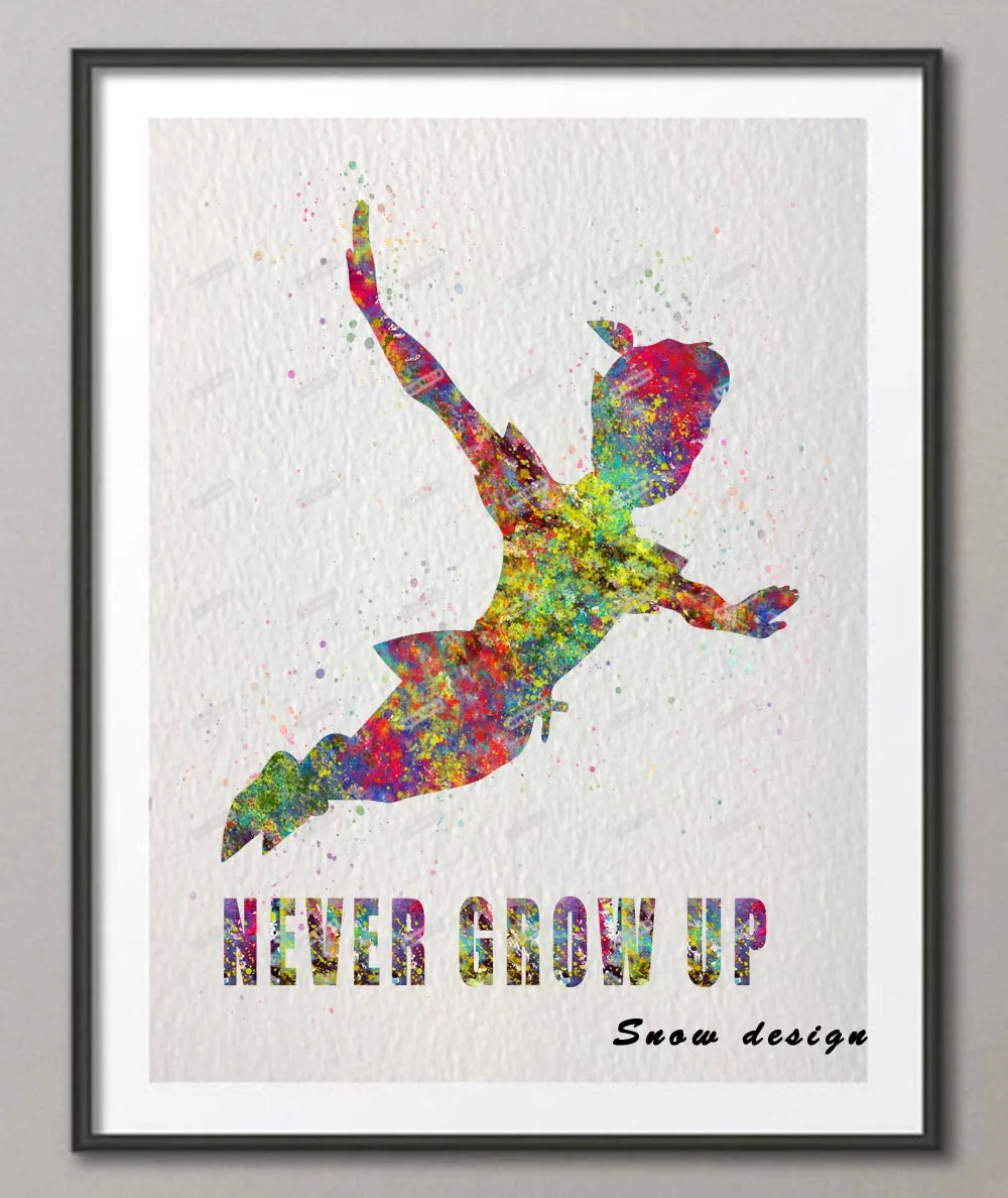 Never Grow Up Quote Art Peter Pan Watercolor Painting Print Wedding Gift Nursery