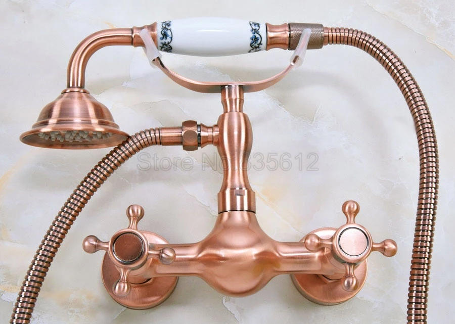 

Antique Red Copper Wall Mounted Bathroom Shower Faucet Telephone Bath Bathtub Faucets with Hand Shower Tap tna336