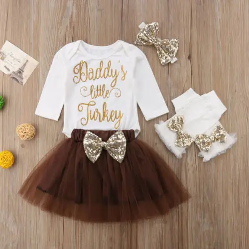 Baby Girls Skirt Set Short Sleeve Romper+Bow Tutu Dress+Headband+Leg Warmers 4Pcs Outfits