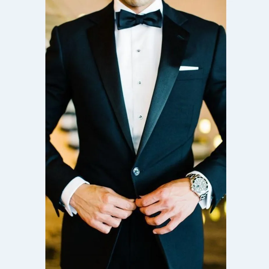 Custom Made Groomsmen Notch Satin Lapel Groom Tuxedos Black Men Suits Wedding Best Man 2 Pieces ( Jacket + Pants + Bow Tie) B859