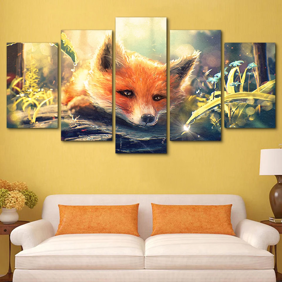Canvas On Posters Frame Modern 5 Panel Animal Fox Living Room Wall Art