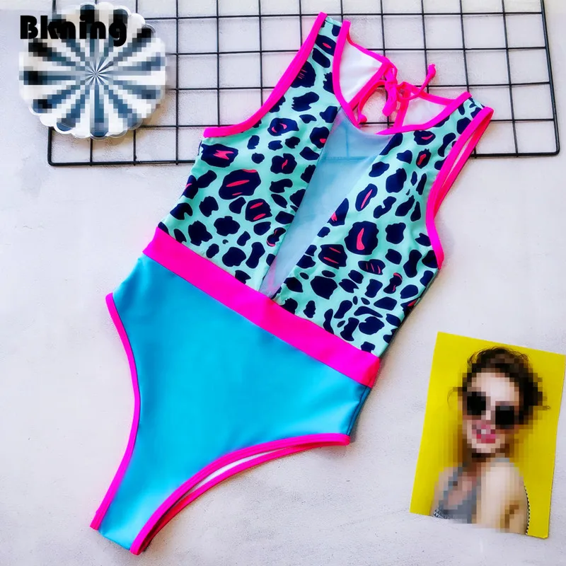

Bknin Deep V Mesh Swimsuit One Piece Swimming Suit for Women Round Neck Swimwear Bandeau 1 Print Patchwork Bathingsuits Blue New