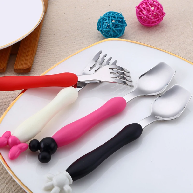 

2pcs Stainless Steel Mickey Minnie Fork Kids dinnerware child Tableware Set Baby Tableware Children dinnerware