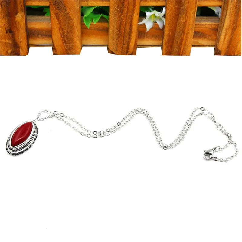 Double Layer Rhombus Red Stone Set Retro Necklace Earrings For Women Antique Silver Plated Fashion Jewelry|Ювелирные наборы| |