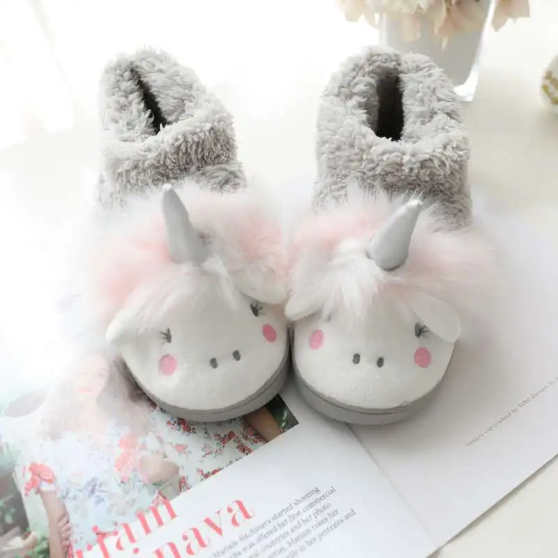 ASILETO Winter cartoon unicorn slippers fur Cotton shoes indoor floor lovely slippers Fluffy slip on cozy size 35-40 Pantoufle