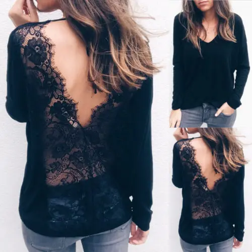 

New Fashion Women Casual V Neck Long Sleeve Floral Lace Backless Sexy Shirt T-shirt Summer Tops