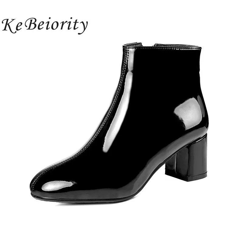

KEBEIORITY Patent Leather Ankle Boots for Women High Heels White Black Boots Female Plus Size Short Martin Boots Autumn Shoes