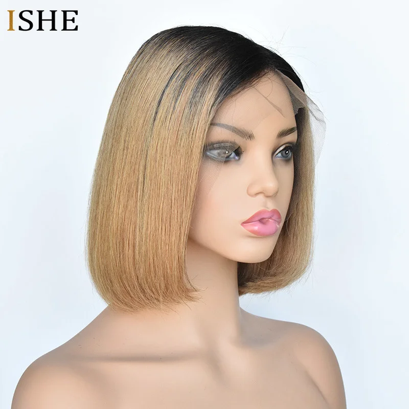 

1b 27 Blonde Ombre Lace Front Human Hair Bob Wigs 13x6 Deep Part Straight Glueless Preplucked Remy Hair Full Black End For Women