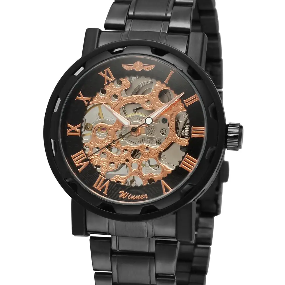 

WINNER WATCH orange Roman numerals dial, sleek minimalist luxury low-key men's steel belt mechanical watch