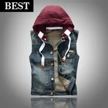 Винтаж джинсовый жилет мотоцикл Для мужчин с капюшоном рваные джинсы жилет тонкий рукавов Для мужчин Джинсы для женщин топы