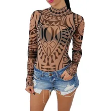 2017 Sexy Women Totem Printed Jumpsuits Romper Long Sleeve Slim Perspective Bodysuit Overalls Playsuit