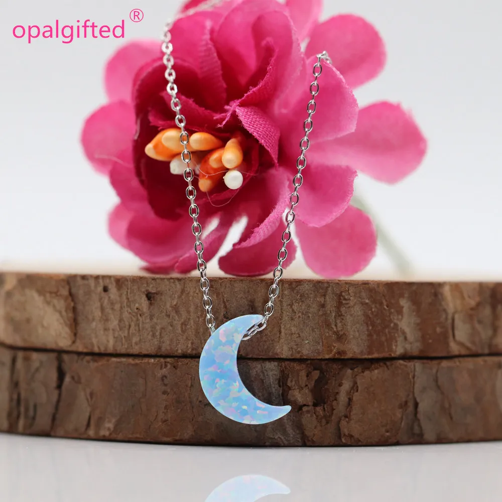 

1pc New Fashion Opal Moon Crescent Pendant Necklace With 925 silver For Women Girl Cute Lovely Minimalism Jewelry many colors