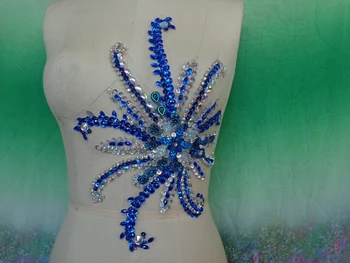 

A174 Handmade deep blue/clear AB colour sew on Rhinestones applique crystal patches with stones sequins beads 30*24cm