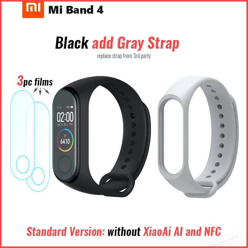 Xiaomi mi-браслет 4 смарт-браслет mi Band 4 фитнес-браслет 0,9" AMOLED цветной сенсорный экран управление музыкой пульсометр BT - Цвет: Std add film gray s