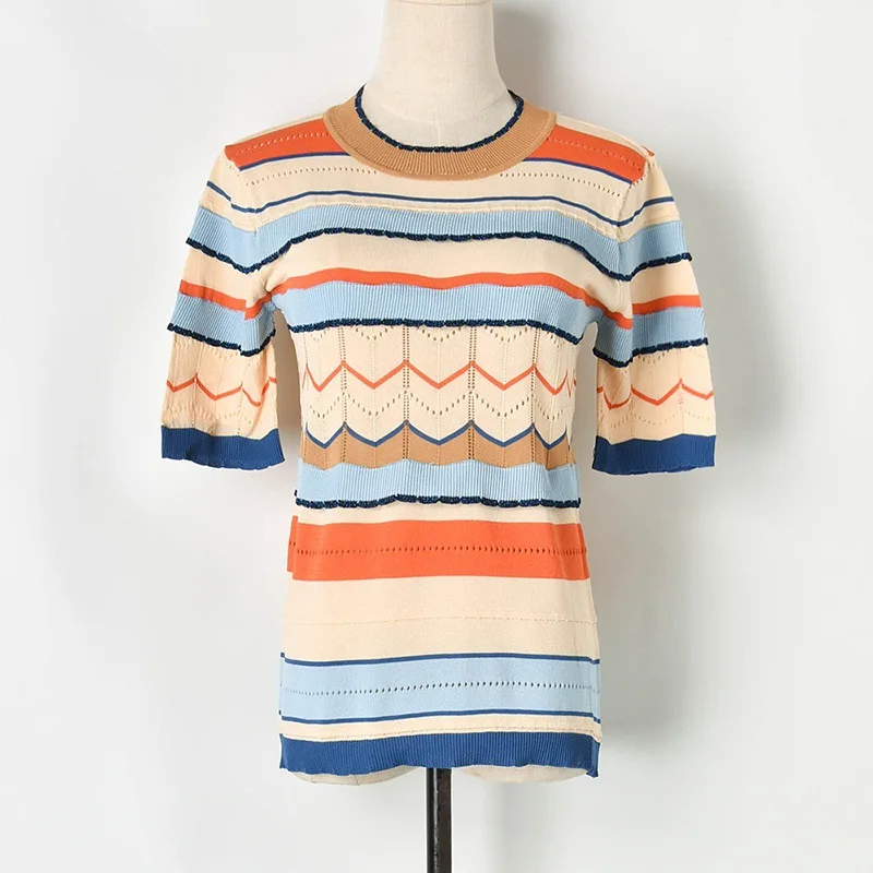 

Hit Colors Striped Knitted T Shirt Women 2019 Summer Hollow Out O-Neck Short Sleeve TShirt Runway Womens Shirt Tops Camiseta