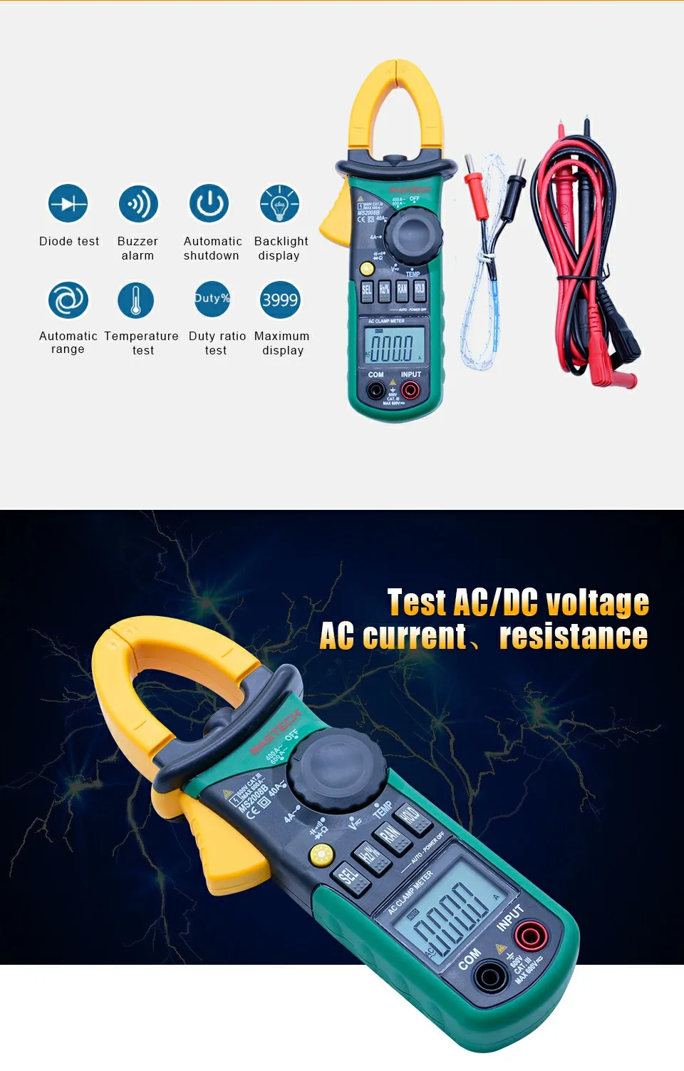 MASTECH MS2008B AC/DC Цифровой клещи электрический мультиметр Авто Диапазон тока Амперметр