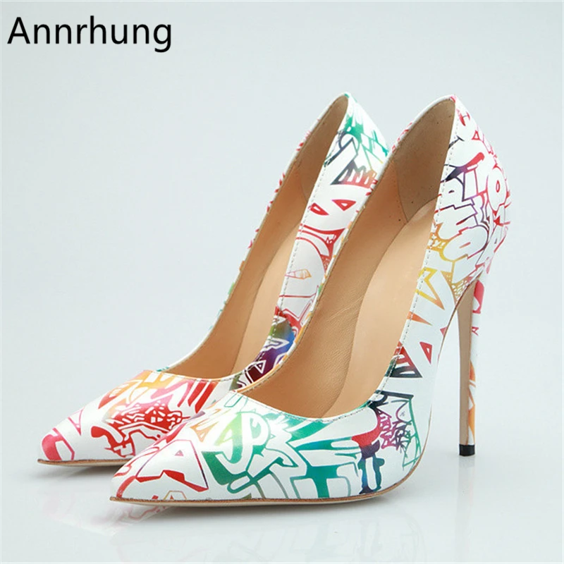 

Graffiti Printed Stiletto Pumps Women Sexy Pointed Toe Thin Heel Shoes Colourful Printed High Heel Shallow Shoes De Mujer
