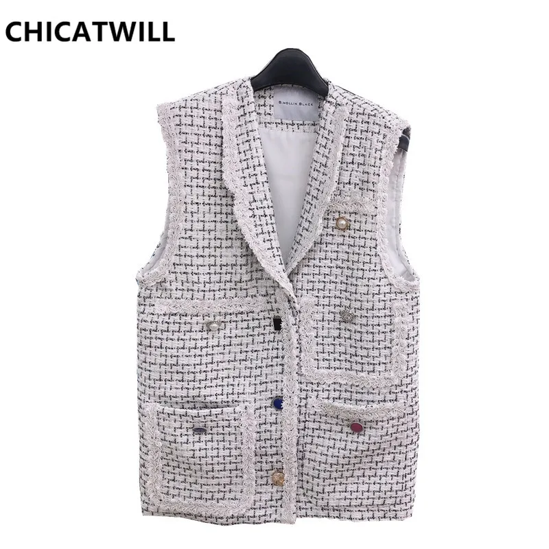 

CHICATWILL 2019 New Autumn Woman's Elegant Sleeveless Plaid Vests Office Lady Tweed Jackets Women Casual Tops Casual Outerwears