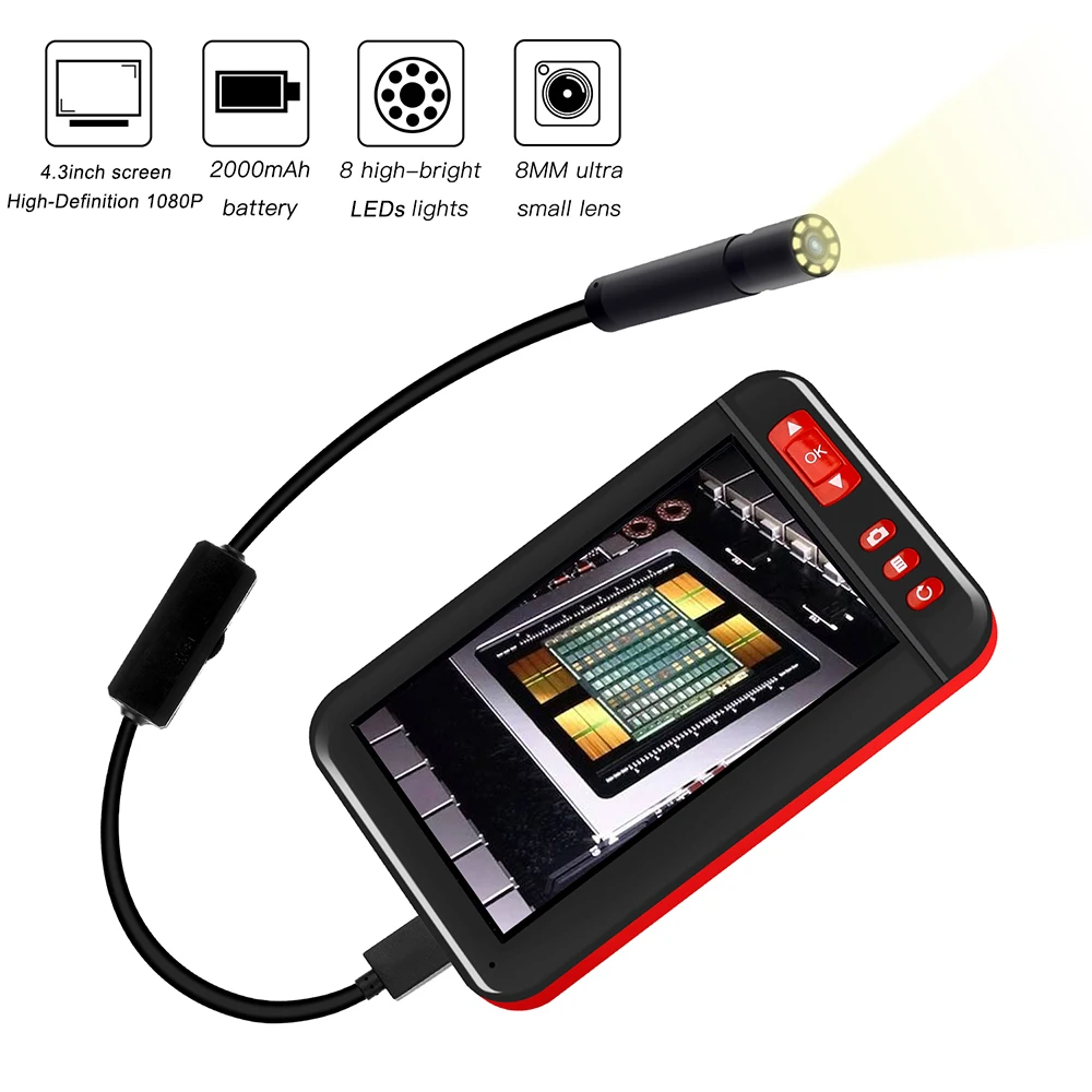Industrial Endoscope Camera Borescope Inspection 4.3 Inch High-definition 1080P Display Screen Built-in 8pcs LEDs 8mm Lens