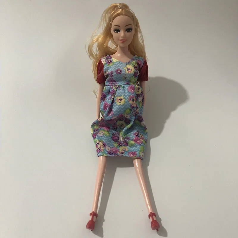 

Pregnant Doll Mom with Short Sleeve Dress Has A Baby In Her Tummy For Attractive Toy Kid Educational Toy