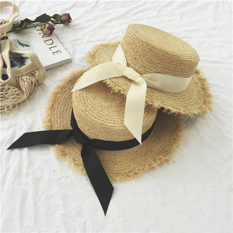 Женская летняя шляпа от солнца Raffia, Пляжная соломенная шляпа ручной работы с бантом, лента, черная/белая плоская шляпа, Женская Морская Повседневная Солнцезащитная шляпа