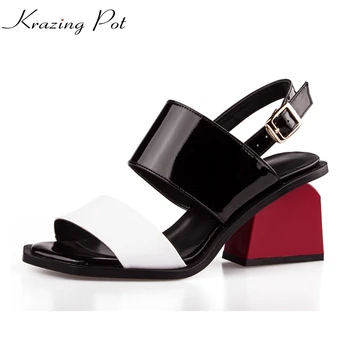 

2020 big size brand patent square peep toe buckle strap women sandals red high heels mixed colors party summer causal shoes L47