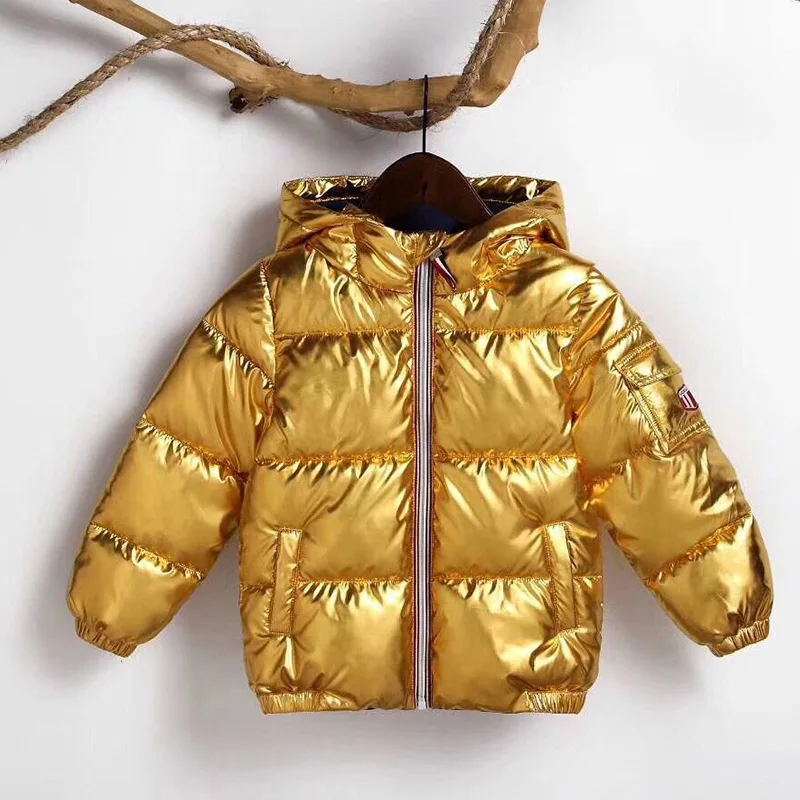 Зимняя куртка для мальчиков и девочек; парки с капюшоном; цвет золотой, серебряный; плотные теплые пальто; модная верхняя одежда для мальчиков; пальто для девочек