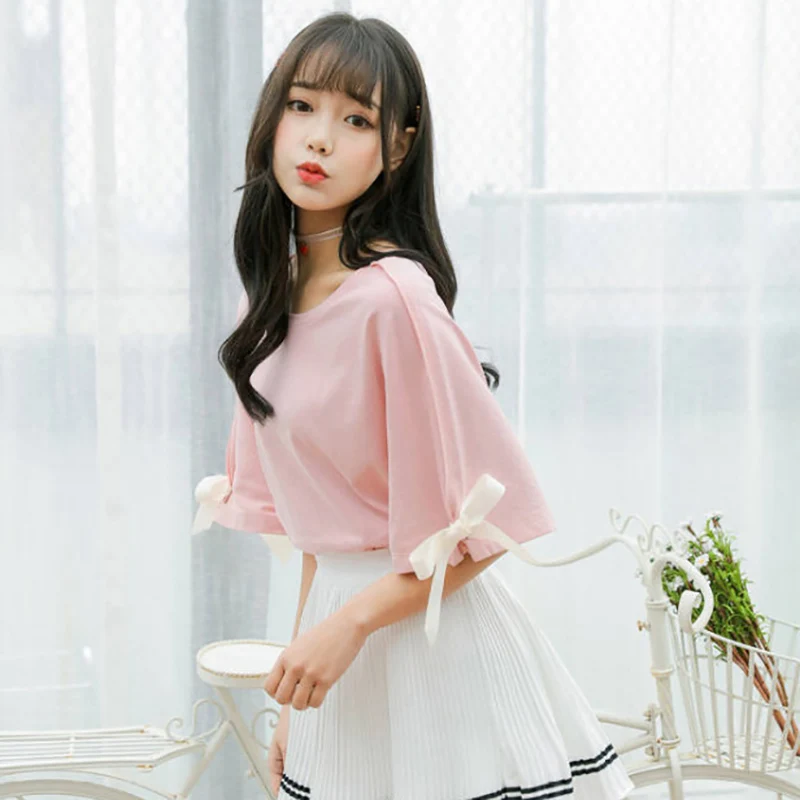 Women O-Neck Half Sleeve Tshirts Solid Loose Lace Up T-Shirt Simple Sweet Korean Style Tops Girls T-Shirts | Женская одежда