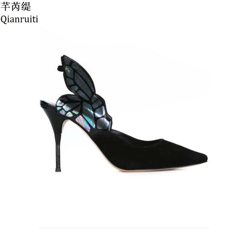 

Qianruiti Patchwork Butterfly Wings High Heels Shoes Sexy Pointed Toe Slingbacks Women Pumps Stiletto Heels Bridal Wedding Shoes