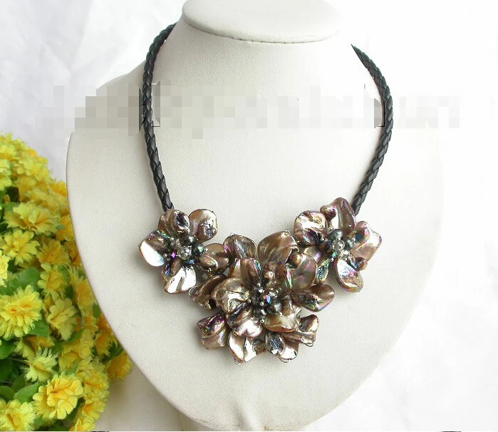 

handcraft bloom coffee seashell pearls choker leather necklace GIFT j7770Noble style Natural Fine jewe fast SHIPPING