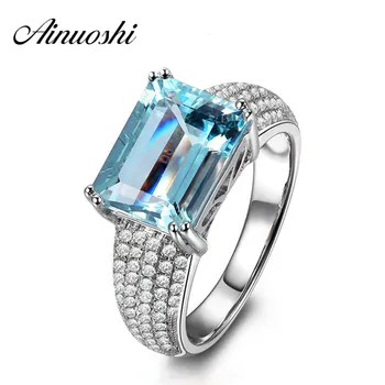 

AINUOSHI Luxurious 925 Sterling Silver Ring Rows Drill 3 Carat Emerald Cut Engagement Wedding Ring Light Blue Natural Topaz Ring