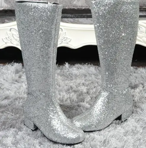 Блестящие сверкающие Ботильоны Sparkly кожа толстый каблук T-этап взлетно-посадочной полосы загрузки круглый носок на молнии сапоги до колена плюс Размеры 13 - Цвет: as picture