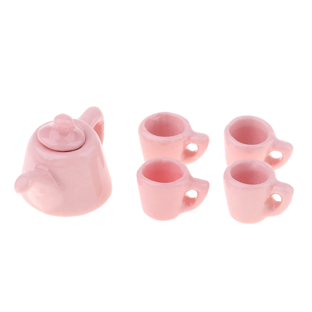 1/12 Dollhouse Miniature Ware Porcelain Tea Set Cup Pot Dish Cup Plate Pure Color Tableware Furniture Toy for Children (Pink)