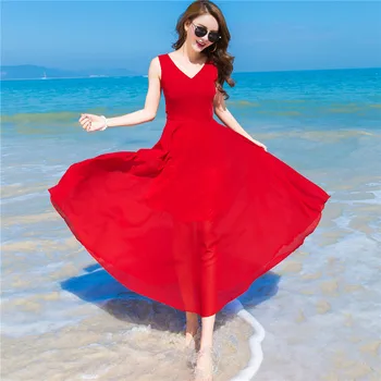 

Maxi Dress Robe Rushed Real Bohemian A-line Draped Holiday Dress 2019 Summer Chiffon Women Waist V-neck Vestidos Mujer De Festa