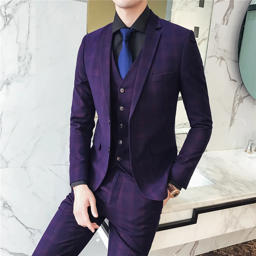 High-end-Männer Anzüge Wein Rot Navy Blau Mode Business Casual männer Karierten Anzug Jacken mit Weste mit hosen