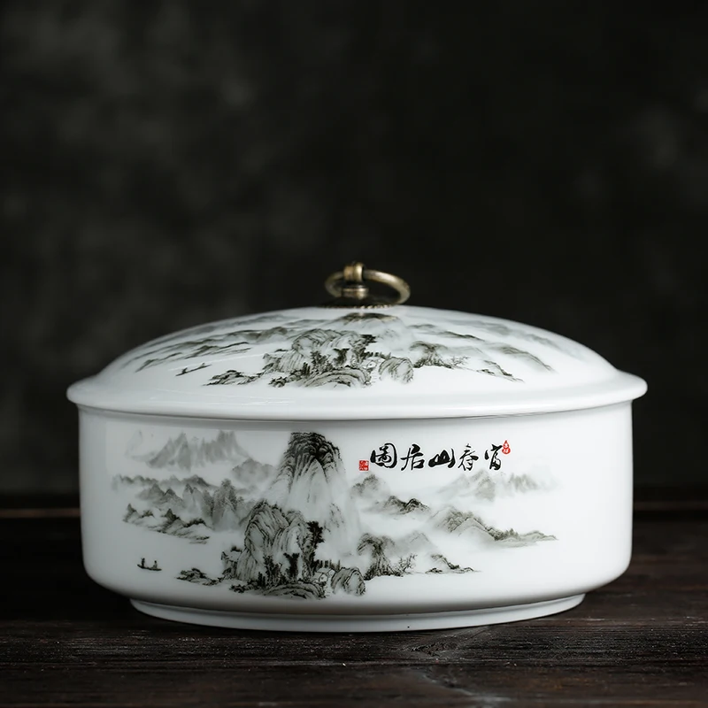 3 шт. 375 г Pu'er хранение кондитерских изделий бак пейзаж узор керамическая чайница мыть аквариум цветочный горшок еда герметичная коробка контейнеры для чая - Цвет: B