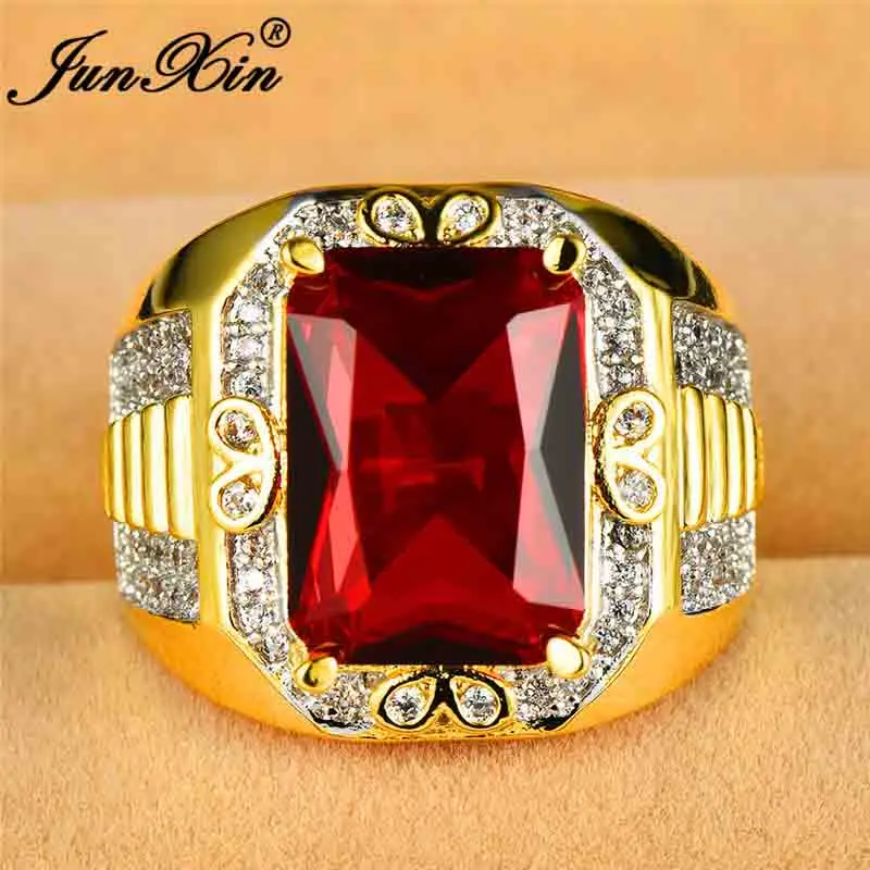 

JUNXIN Luxury Female Male Engagement Big Rings For Men Women Yellow Gold Vintage Wedding Bands Square Red Stone Zircon Ring Gift
