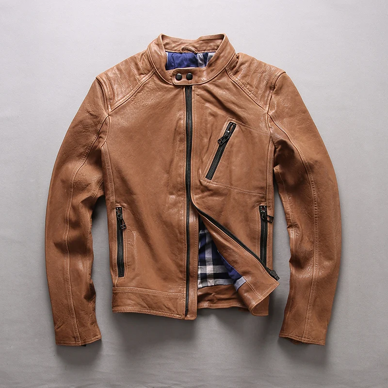 

2018 Men Black Stand Collar Genuine Leather Biker Coat Real Sheepskin Winter Slim Fit Short Casual Leather Jacket FREE SHIPPING
