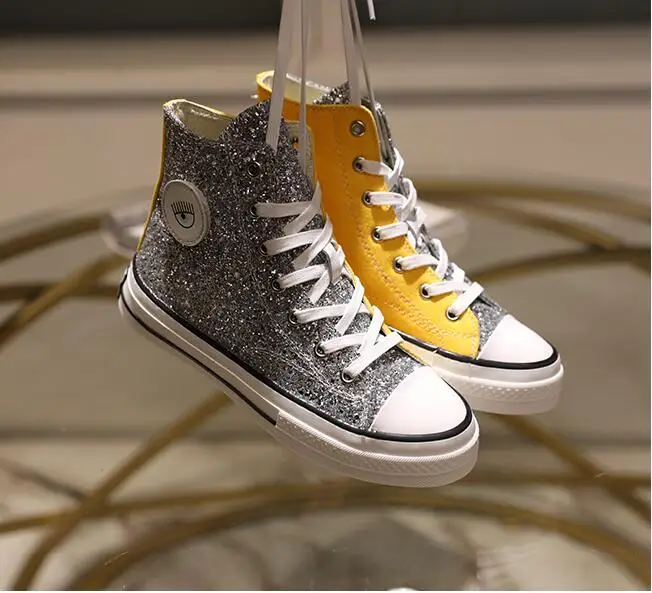 

2019 New Arrival Fashion Design Luxury Sequined Cloth Women Sneakers Flat Mixed Color Lace-up Eyes High Top Casual Shoes Women