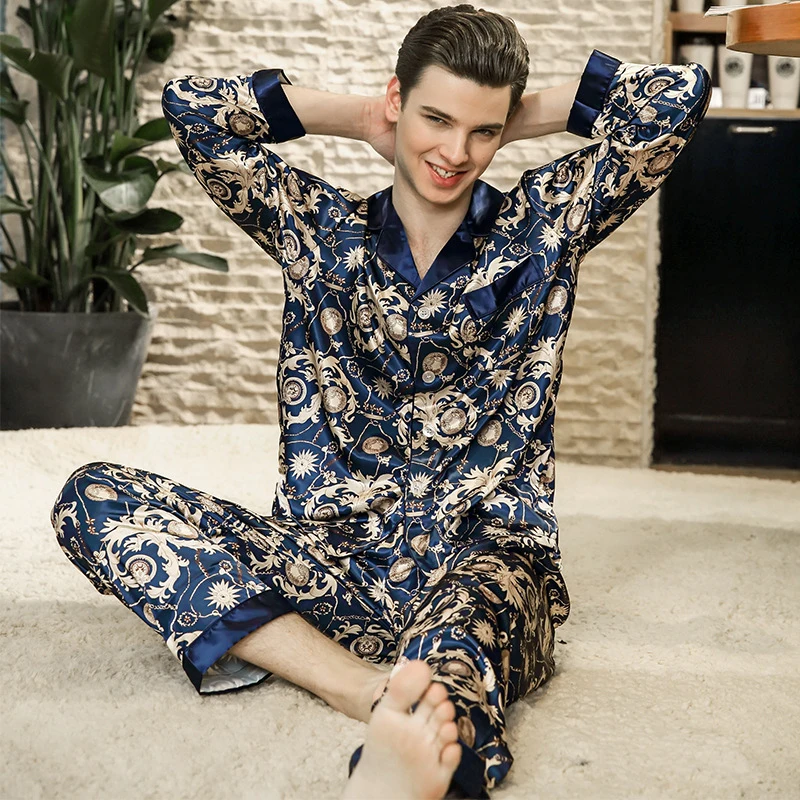 

SSH0238 New Pajamas Men Satin Silk Print Pajama Male Spring Autumn Full Sleeves Long Pants Pajama Set High Quality Men Sleepwear