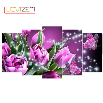 

5pc Diamond Painting Colorful Butterfly Purple Tulip 5D DIY Diamond Embroidery Full Round Drill mosaic Multi-picture