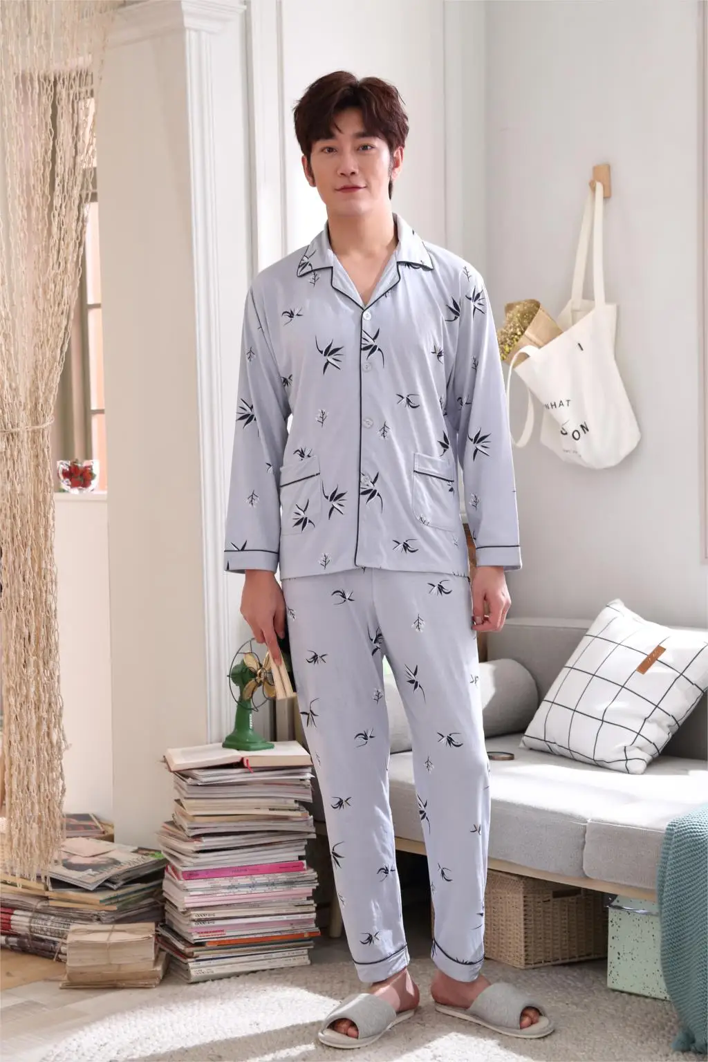 Мужские пижамы размера плюс с отложным воротником, пижамные комплекты с принтом, весна-осень, Мужская модная одежда для сна, мужская повседневная домашняя одежда, костюм