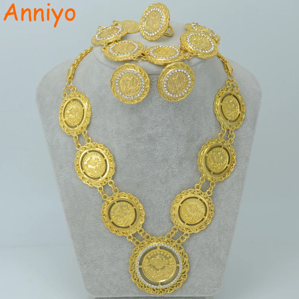 

Anniyo Arab Coin Jewelry sets Necklace/Bracelet/Earrings/Ring Jewelry Gold Color Turkish Jewellery With Rhinestone #013006
