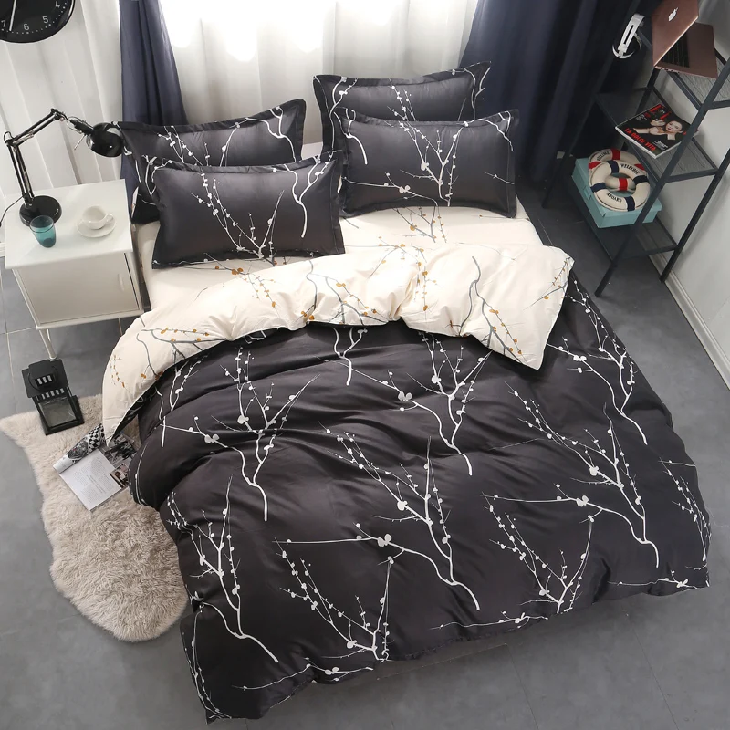 

New Arrival White Tree Branch Print on Black Duvet Cover Set Twin Full Queen King Size Bedding Set
