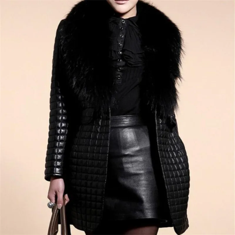 

Faux Fur Braids Fur Collar Stitching Plaid Leather Long PU Coat Jackets Europe and America Fall Winter Women's Fashion Warm Long