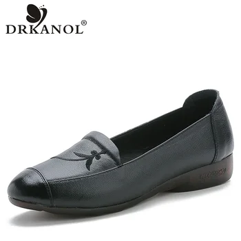 

DRKANOL Spring Black Slip On Shoes Woman Genuine Leather Women Loafers Embroidery Soft Bottom Pointed Toe Mother Driving Shoes