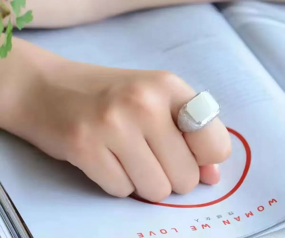 Real And Natural White Jade Ring Man ring Free shipping 925 sterling