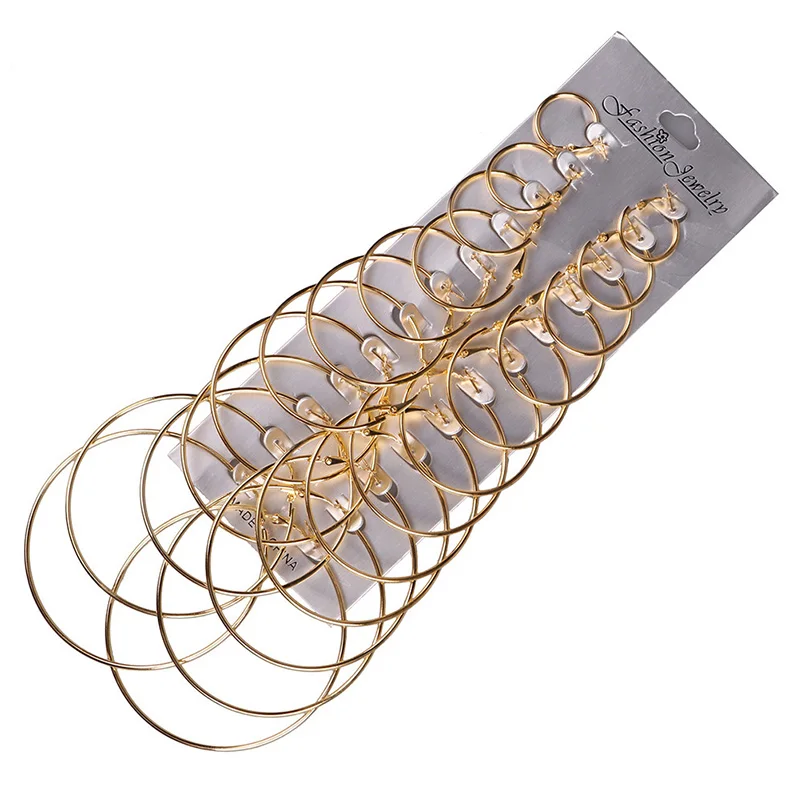 

12 or 6 Pair /lot Women Simple Punk Style Brincos Round Earrings Oversize Big Circle Hoop Earring Set For Party Jewelry Gift T7